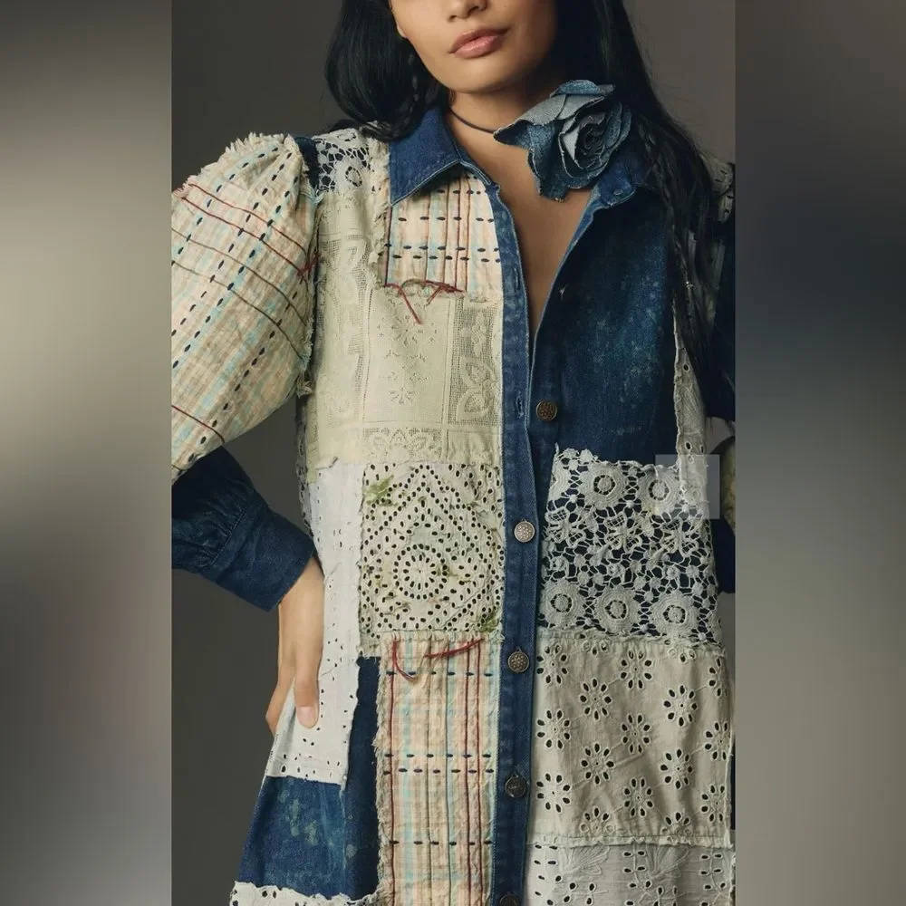 Anthropologie Let Me Be Denim Patchwork Shirt Dress - Picture 3 of 5